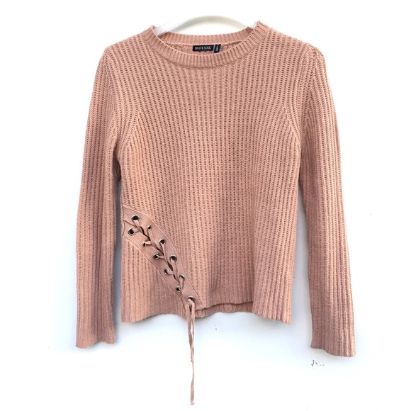 Boohoo Sweaters - Pale Pink Knit Lace Up Sweater